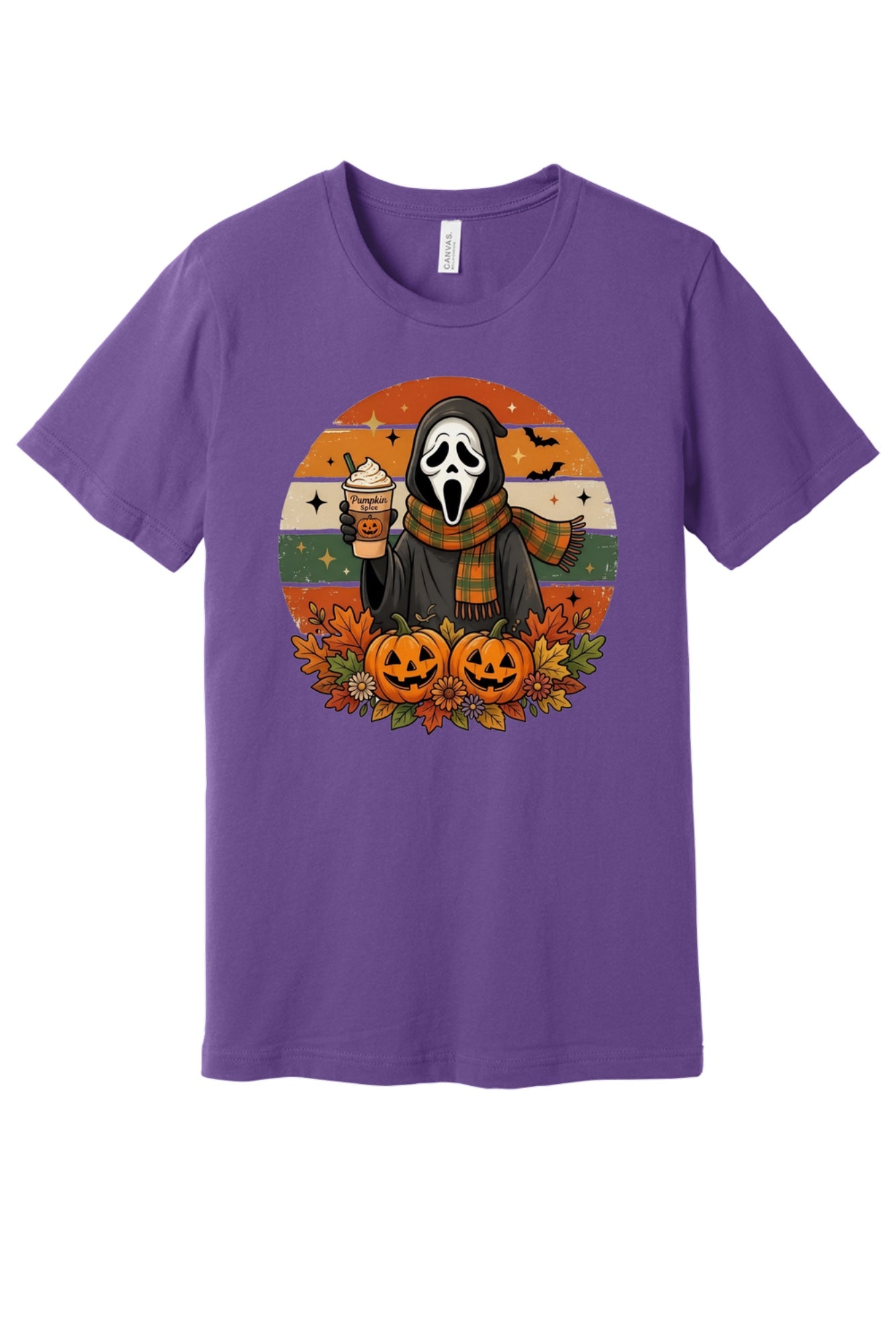 Pumpkin Spice Ghostface Halloween retro graphic tee with jack-o-lanterns and fall leaves printed on shirt in Purple