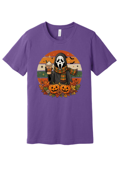 Pumpkin Spice Ghostface Halloween retro graphic tee with jack-o-lanterns and fall leaves printed on shirt in Purple