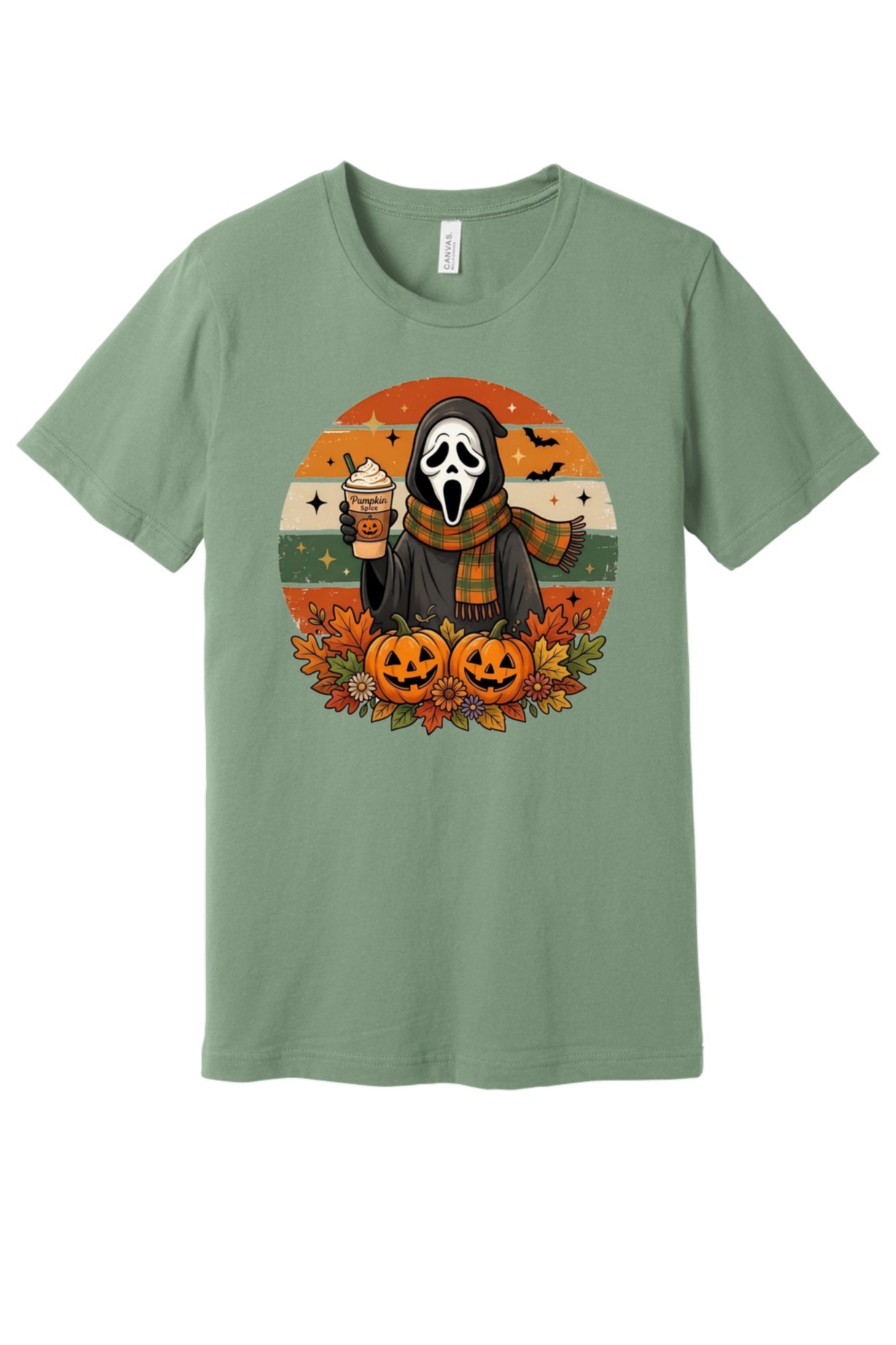 Pumpkin Spice Ghostface Halloween retro graphic tee with jack-o-lanterns and fall leaves printed on shirt in Sage