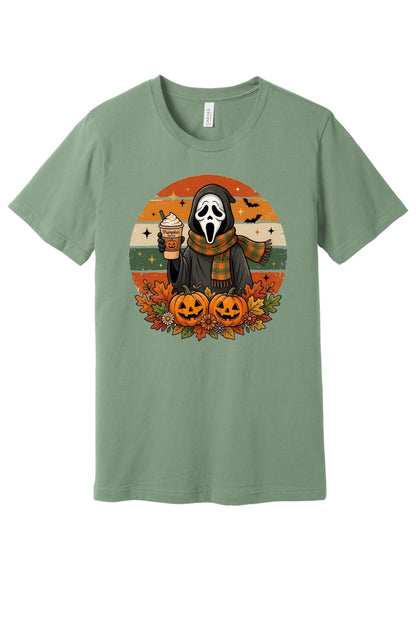 Pumpkin Spice Ghostface Halloween retro graphic tee with jack-o-lanterns and fall leaves printed on shirt in Sage