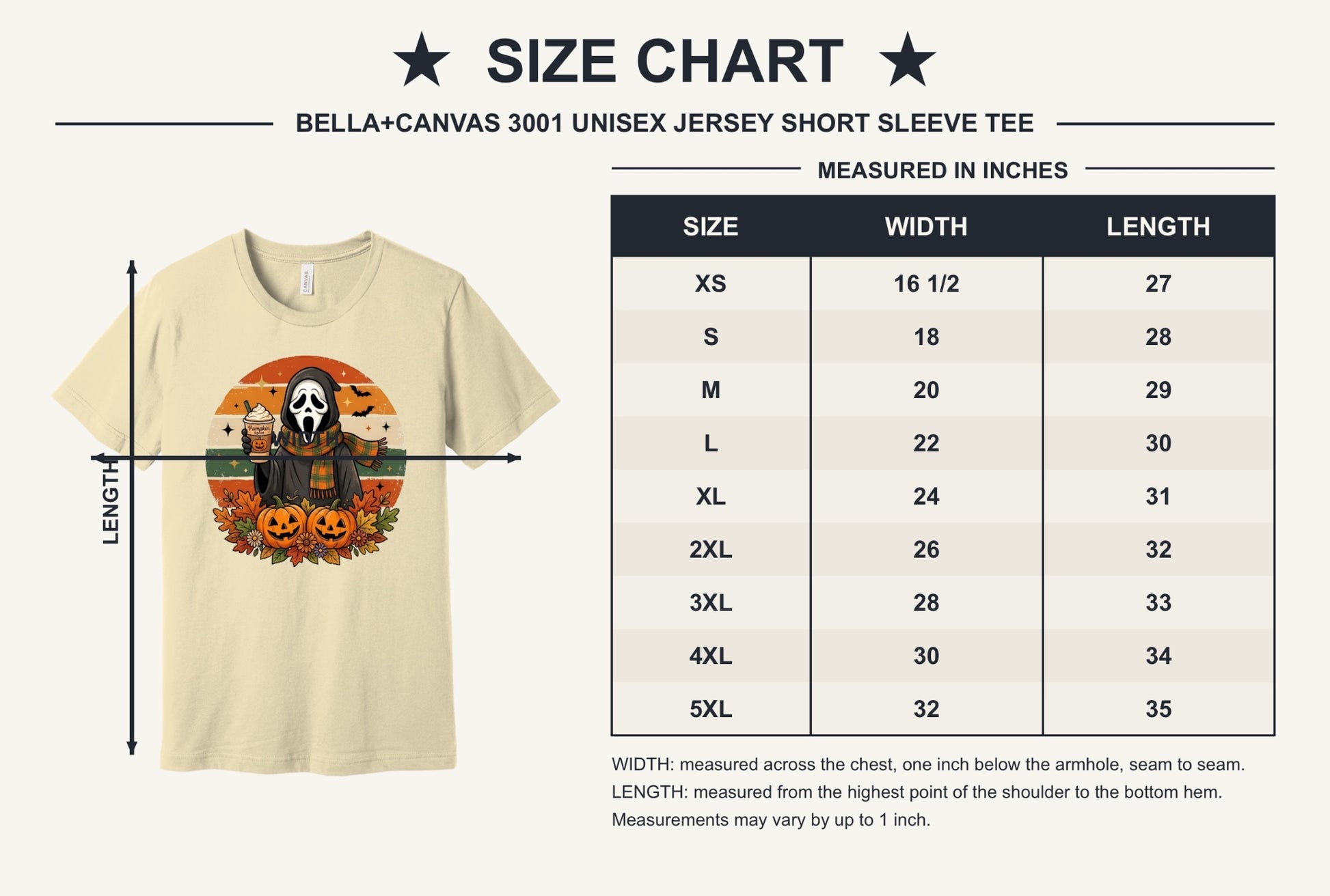 Pumpkin Spice Ghostface Halloween retro graphic tee with jack-o-lanterns and fall leaves printed on shirt - size chart