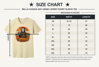 Pumpkin Spice Ghostface Halloween retro graphic tee with jack-o-lanterns and fall leaves printed on shirt - size chart