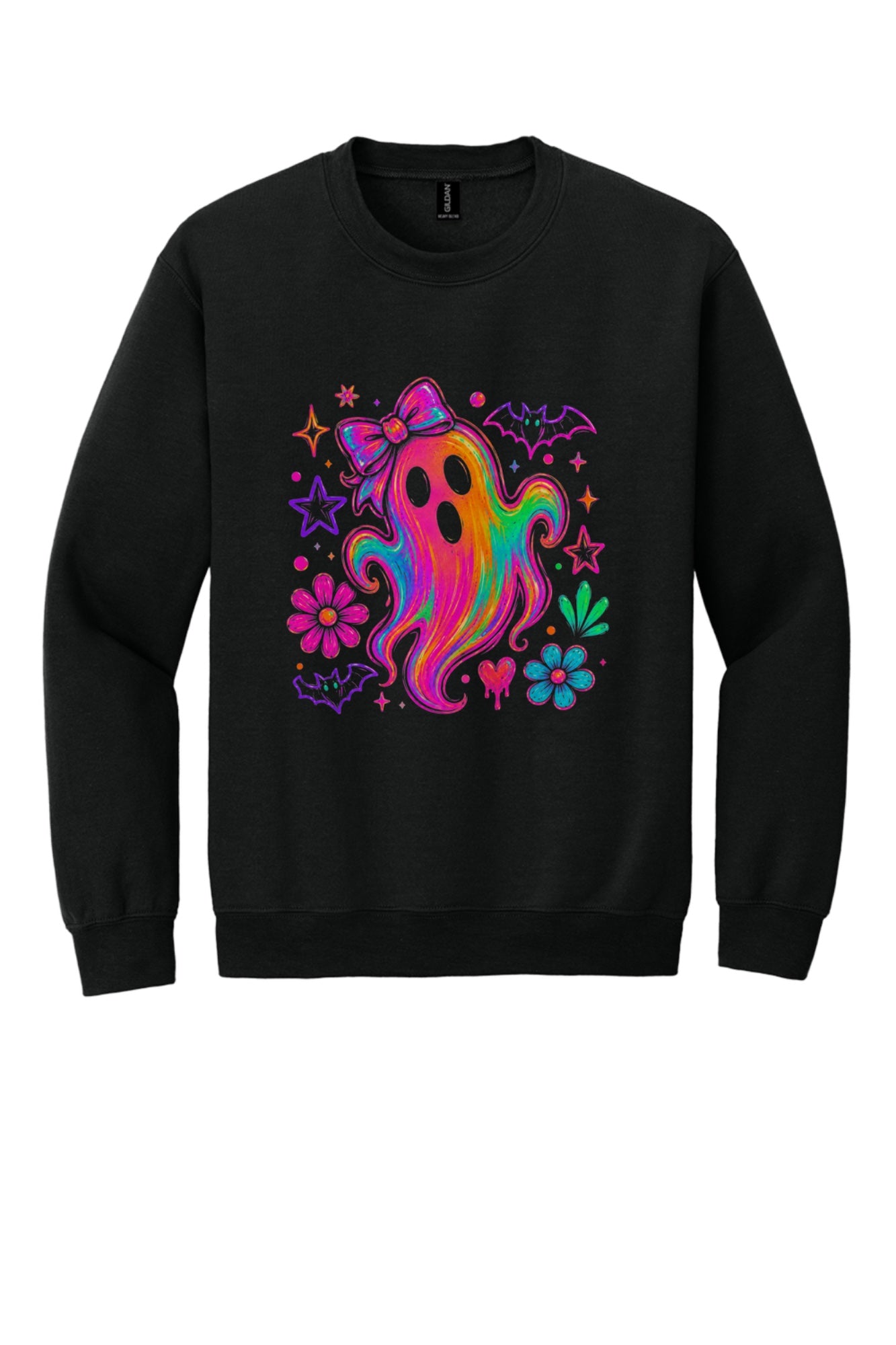 Rainbow ghost with bow Halloween DTF crewneck sweatshirt, neon groovy ghost with bats and daisies print in Black