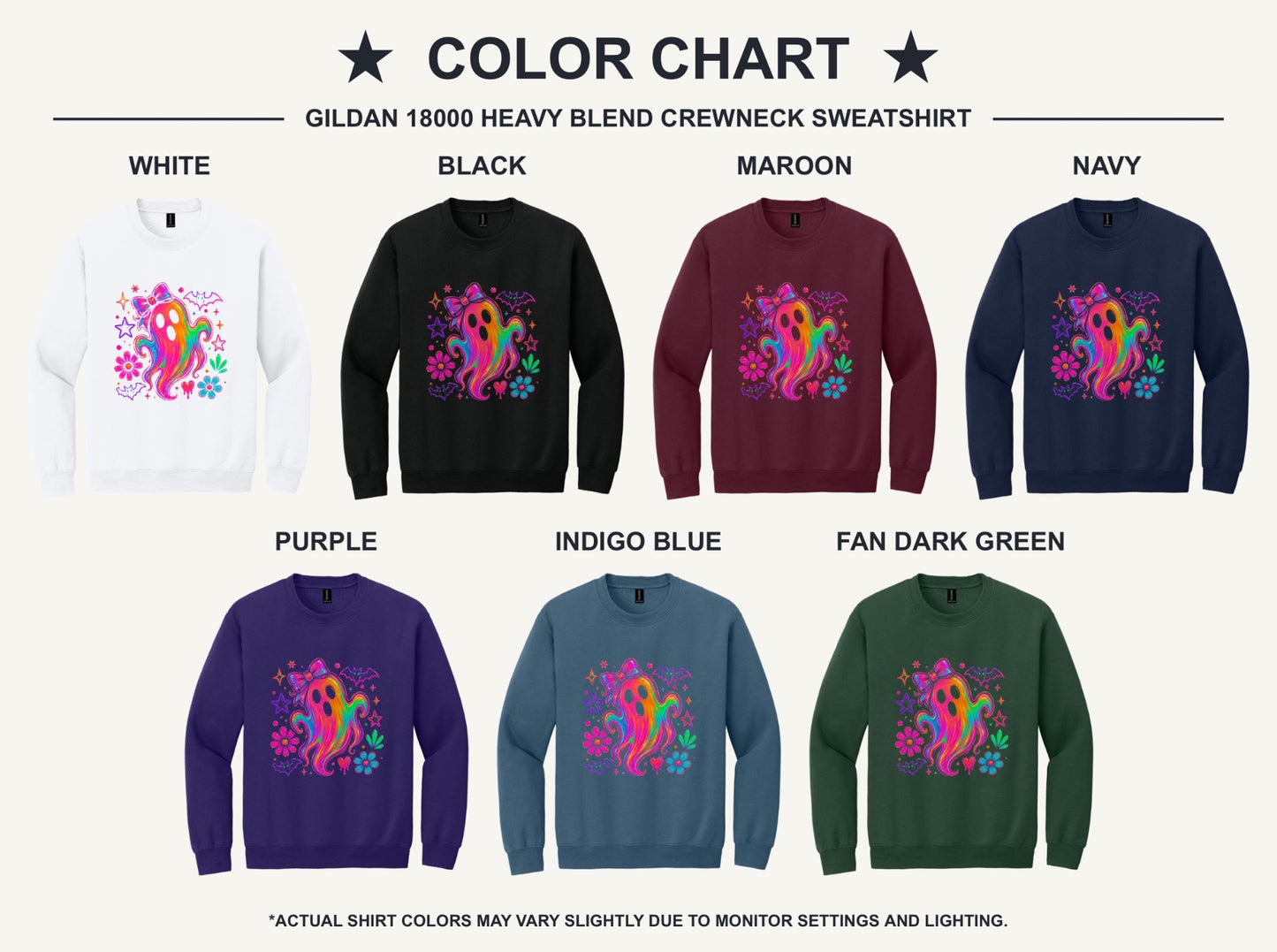 Rainbow ghost with bow Halloween DTF crewneck sweatshirt, neon groovy ghost with bats and daisies print - available shirt colors chart