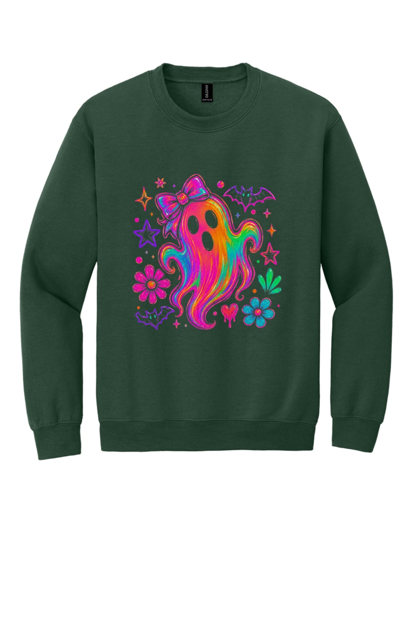 Rainbow ghost with bow Halloween DTF crewneck sweatshirt, neon groovy ghost with bats and daisies print in Fan Dark Green