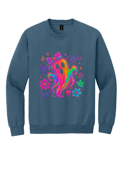 Rainbow ghost with bow Halloween DTF crewneck sweatshirt, neon groovy ghost with bats and daisies print in Indigo Blue