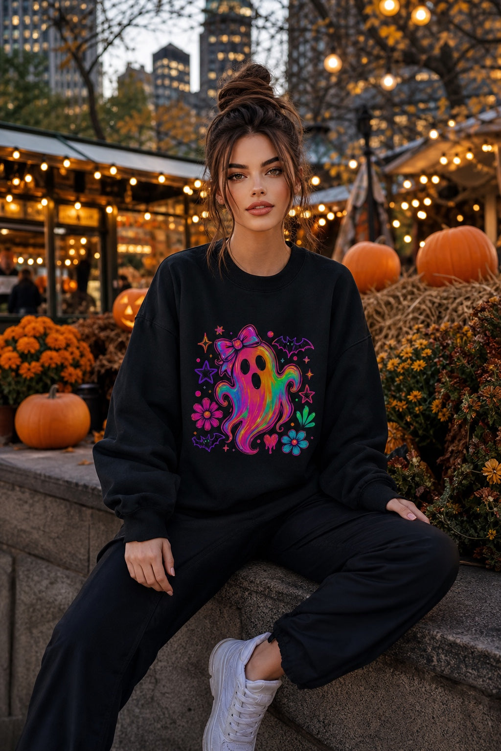 Rainbow ghost with bow Halloween DTF crewneck sweatshirt, neon groovy ghost with bats and daisies print worn by a model