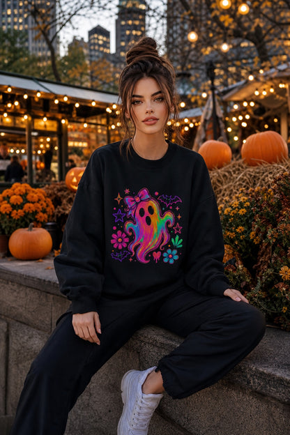 Rainbow ghost with bow Halloween DTF crewneck sweatshirt, neon groovy ghost with bats and daisies print worn by a model