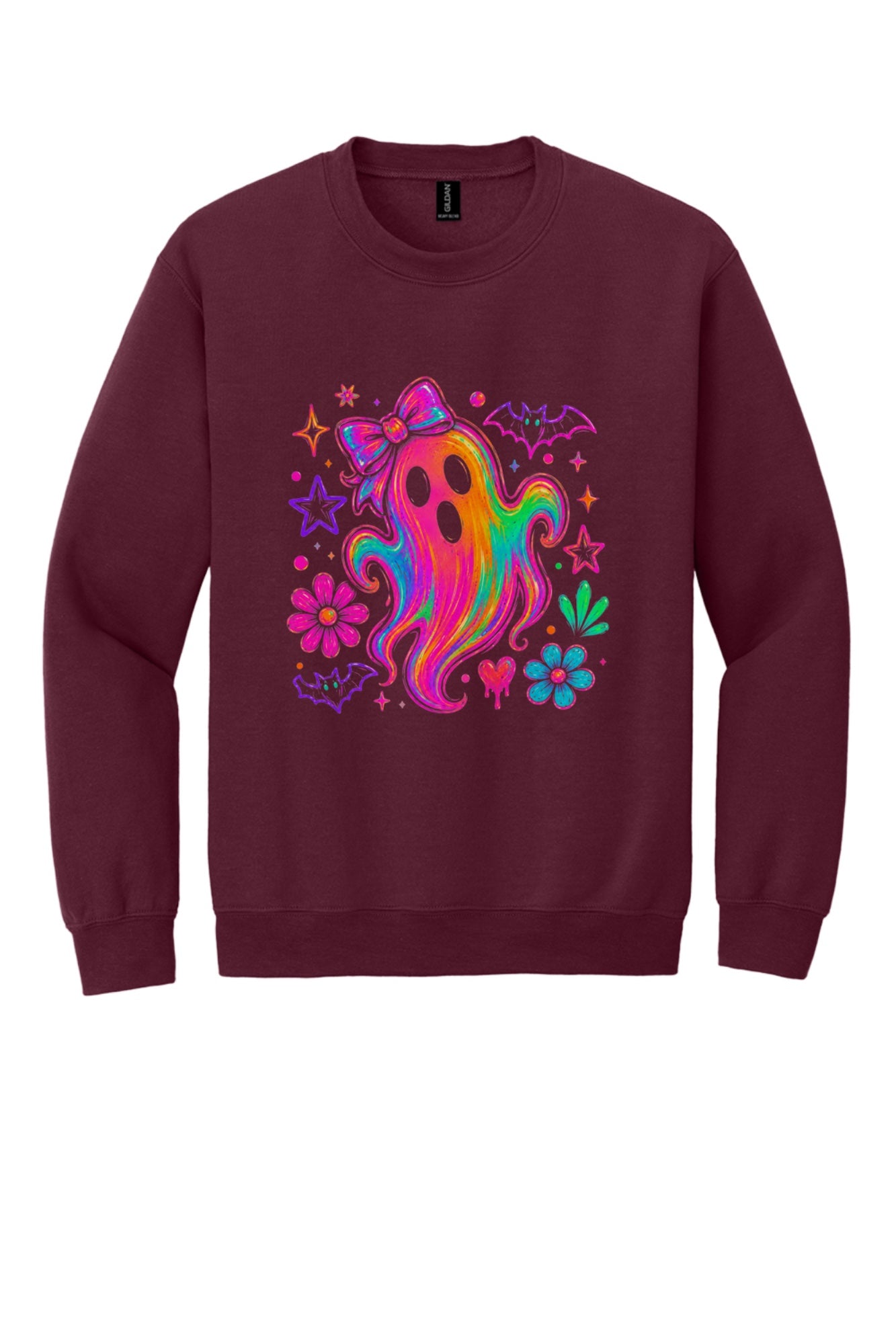 Rainbow ghost with bow Halloween DTF crewneck sweatshirt, neon groovy ghost with bats and daisies print in Maroon