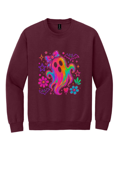 Rainbow ghost with bow Halloween DTF crewneck sweatshirt, neon groovy ghost with bats and daisies print in Maroon
