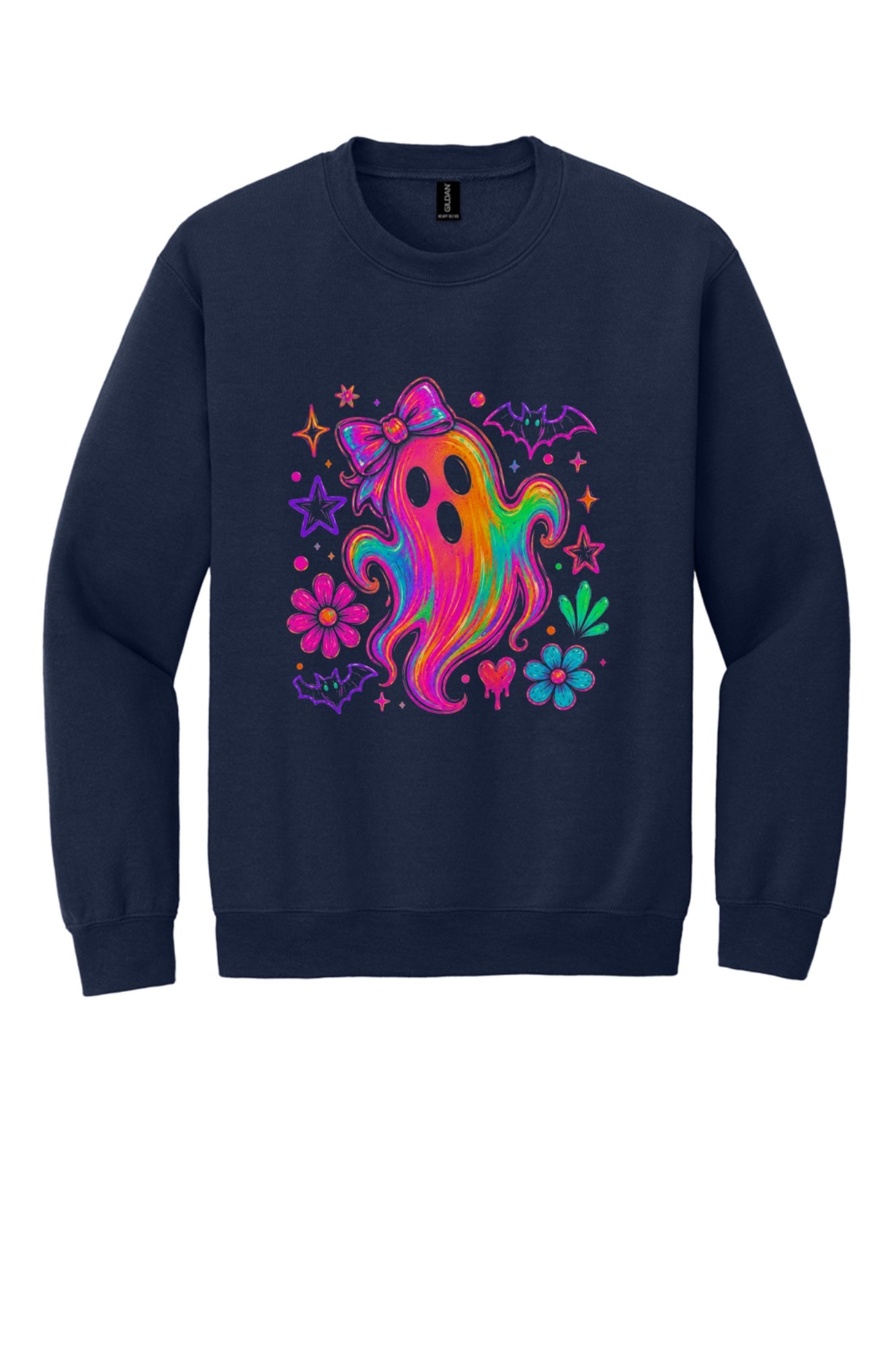 Rainbow ghost with bow Halloween DTF crewneck sweatshirt, neon groovy ghost with bats and daisies print in Navy