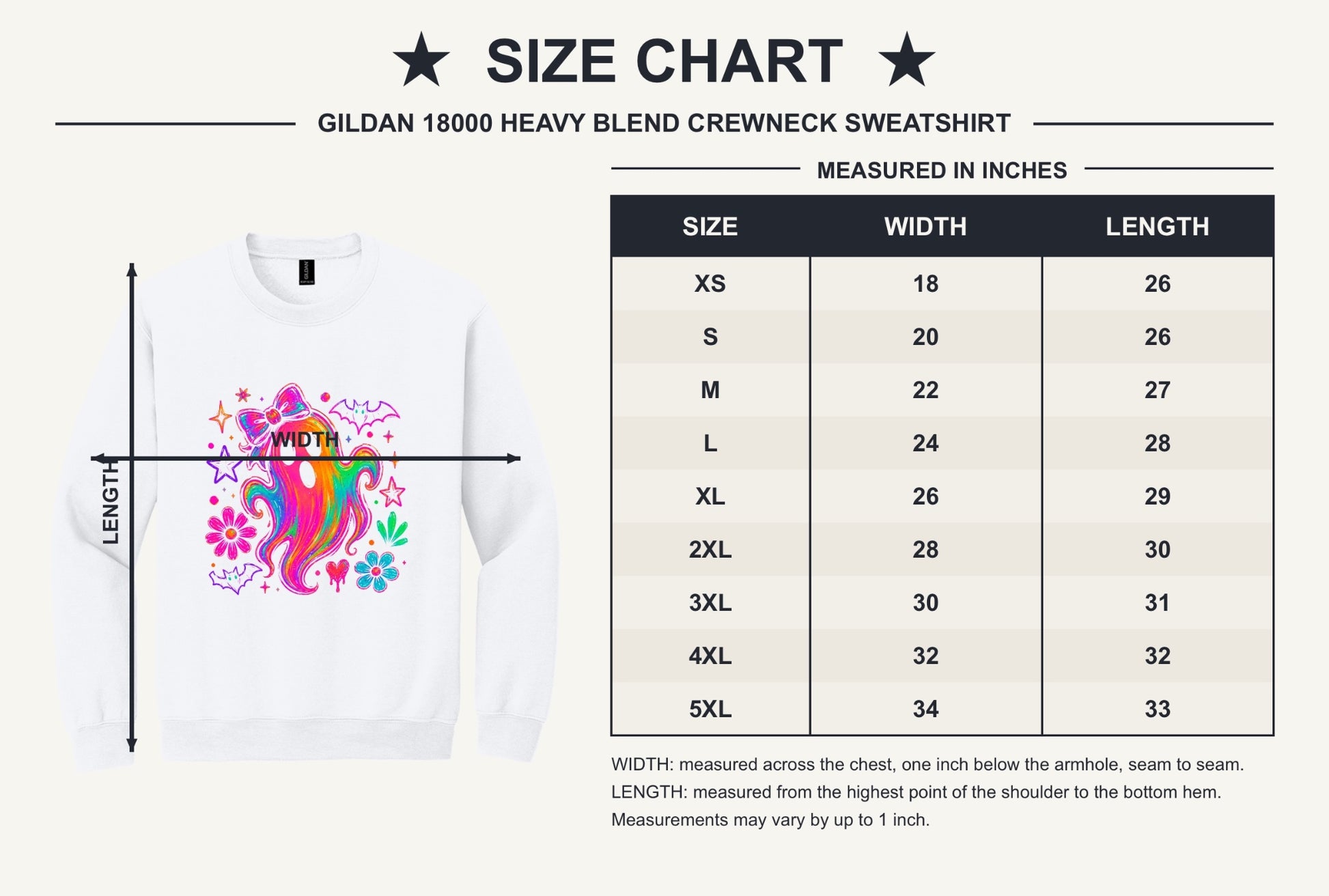 Rainbow ghost with bow Halloween DTF crewneck sweatshirt, neon groovy ghost with bats and daisies print - size chart