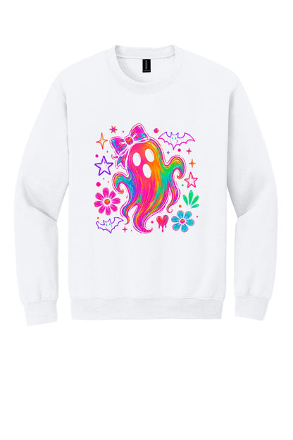 Rainbow ghost with bow Halloween DTF crewneck sweatshirt, neon groovy ghost with bats and daisies print in White