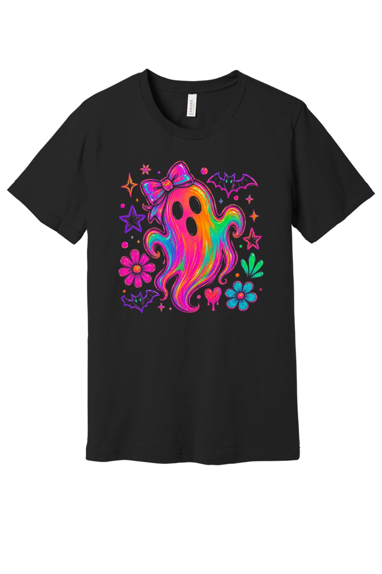Rainbow neon ghost with bow Halloween graphic tee with bats, daisies, and stars, unisex shirt in Black