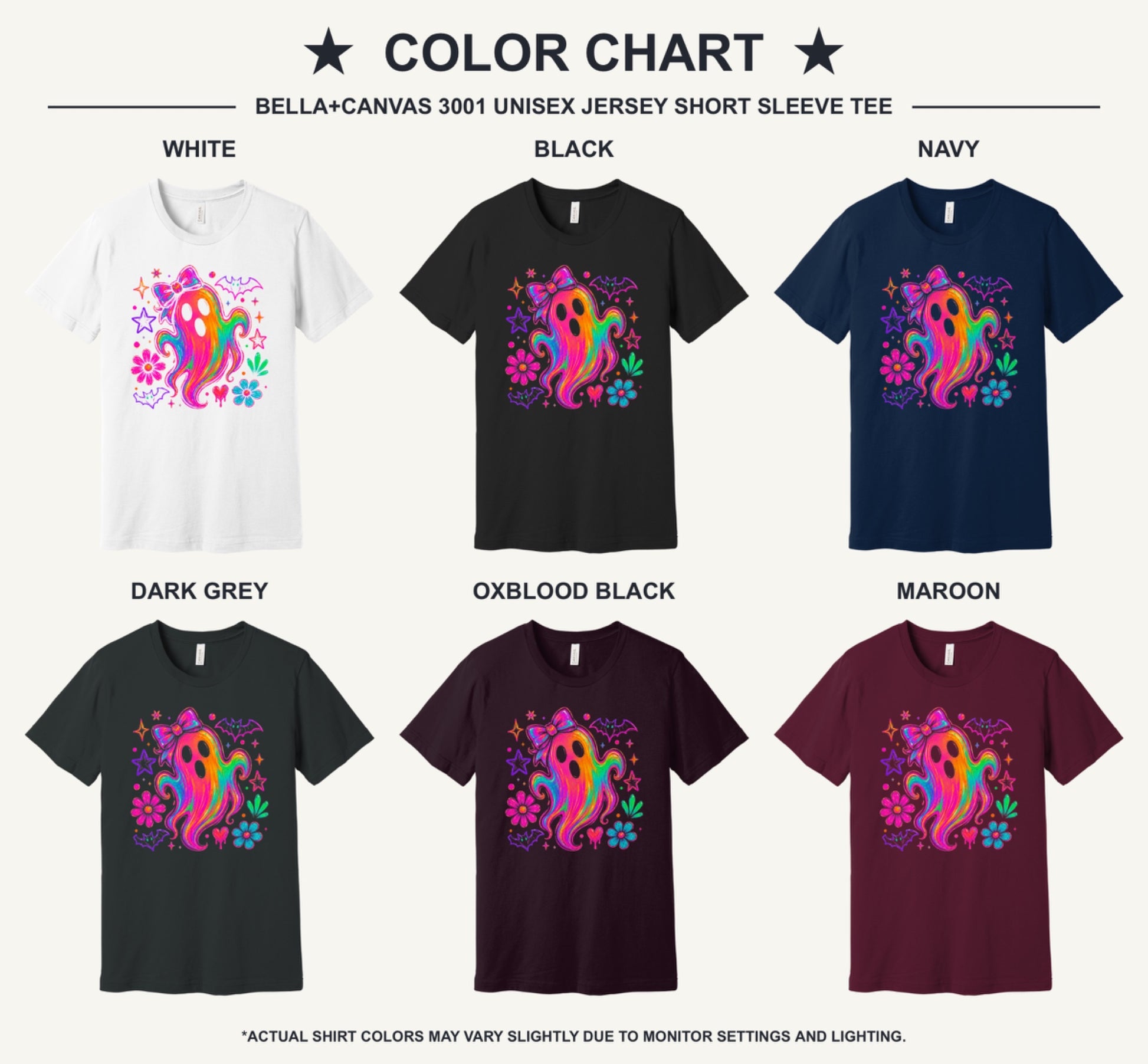 Rainbow neon ghost with bow Halloween graphic tee with bats, daisies, and stars, unisex shirt - available shirt colors chart