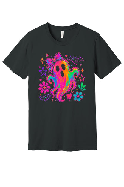 Rainbow neon ghost with bow Halloween graphic tee with bats, daisies, and stars, unisex shirt in Dark Grey