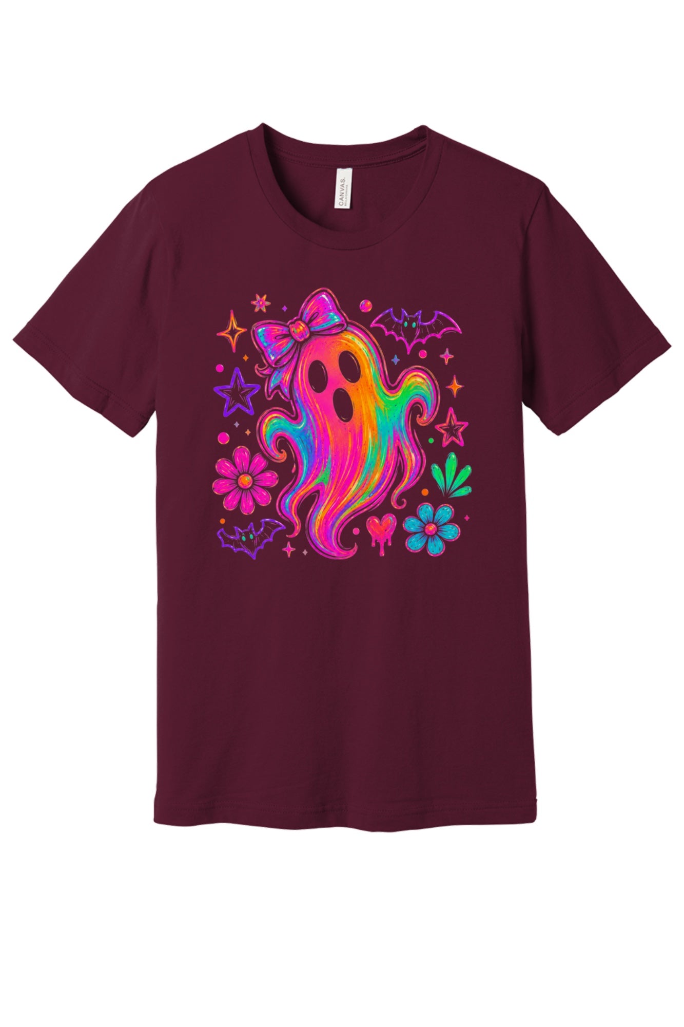 Rainbow neon ghost with bow Halloween graphic tee with bats, daisies, and stars, unisex shirt in Maroon