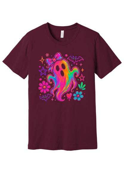 Rainbow neon ghost with bow Halloween graphic tee with bats, daisies, and stars, unisex shirt in Maroon
