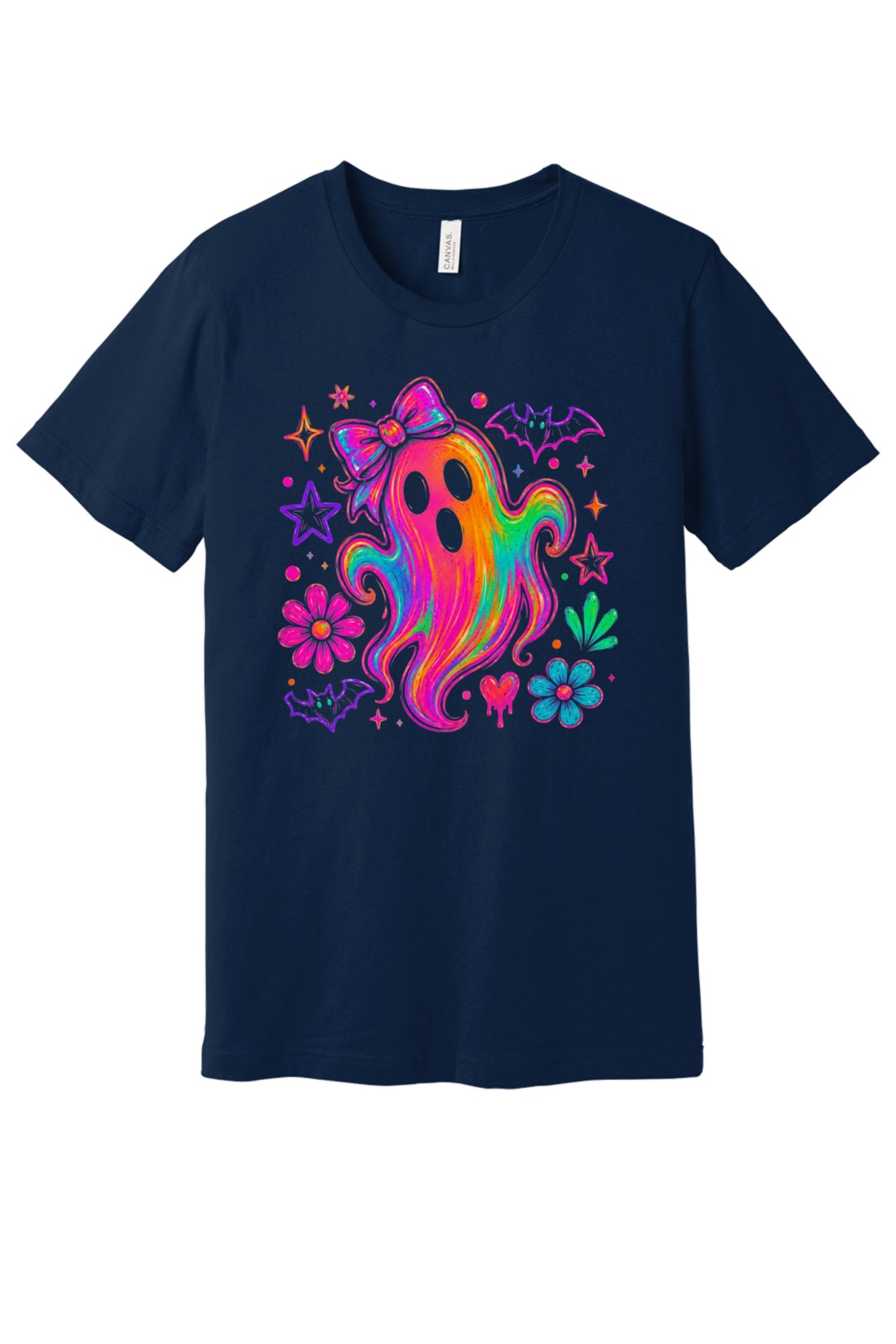 Rainbow neon ghost with bow Halloween graphic tee with bats, daisies, and stars, unisex shirt in Navy