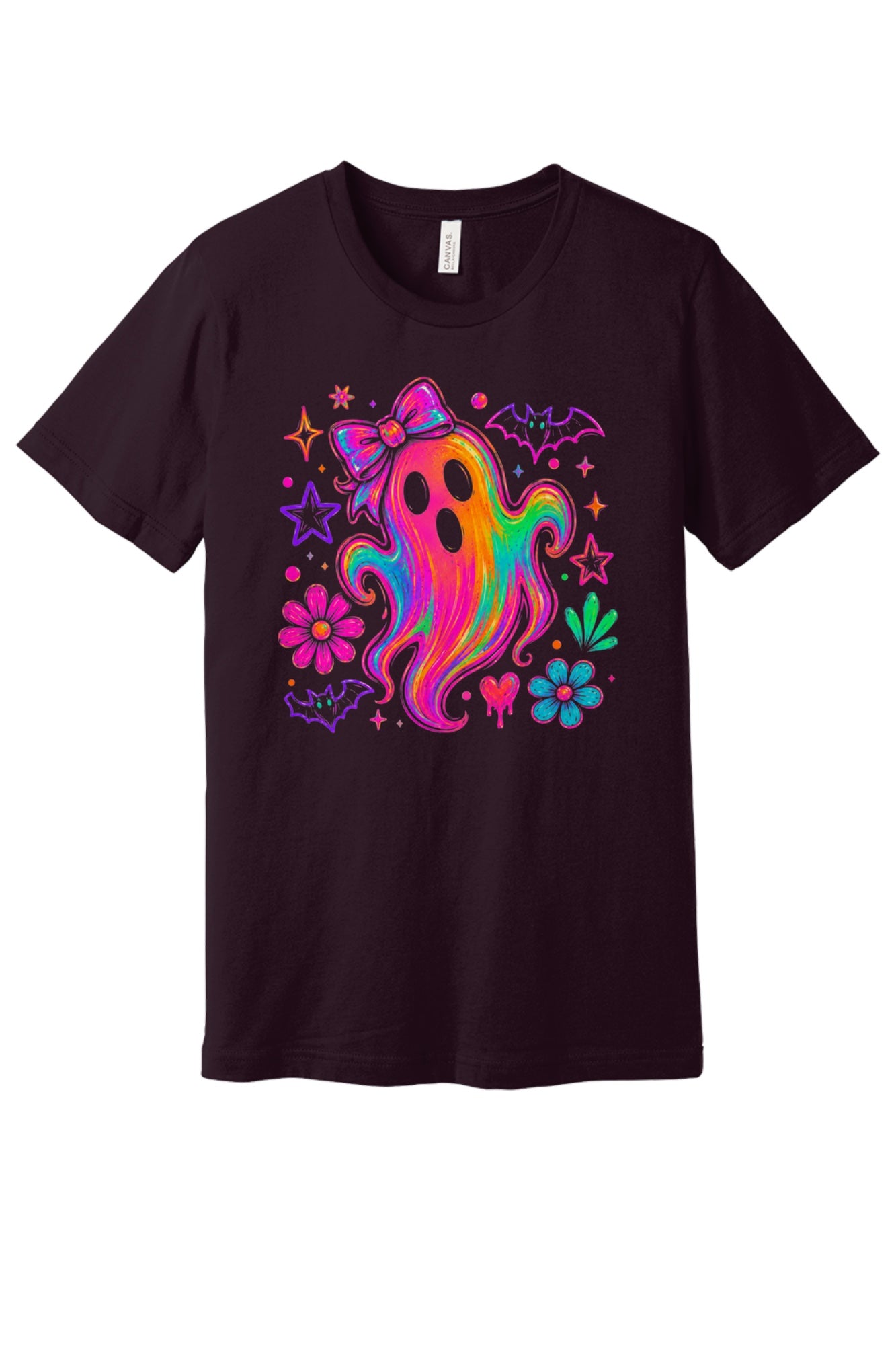 Rainbow neon ghost with bow Halloween graphic tee with bats, daisies, and stars, unisex shirt in Oxblood Black