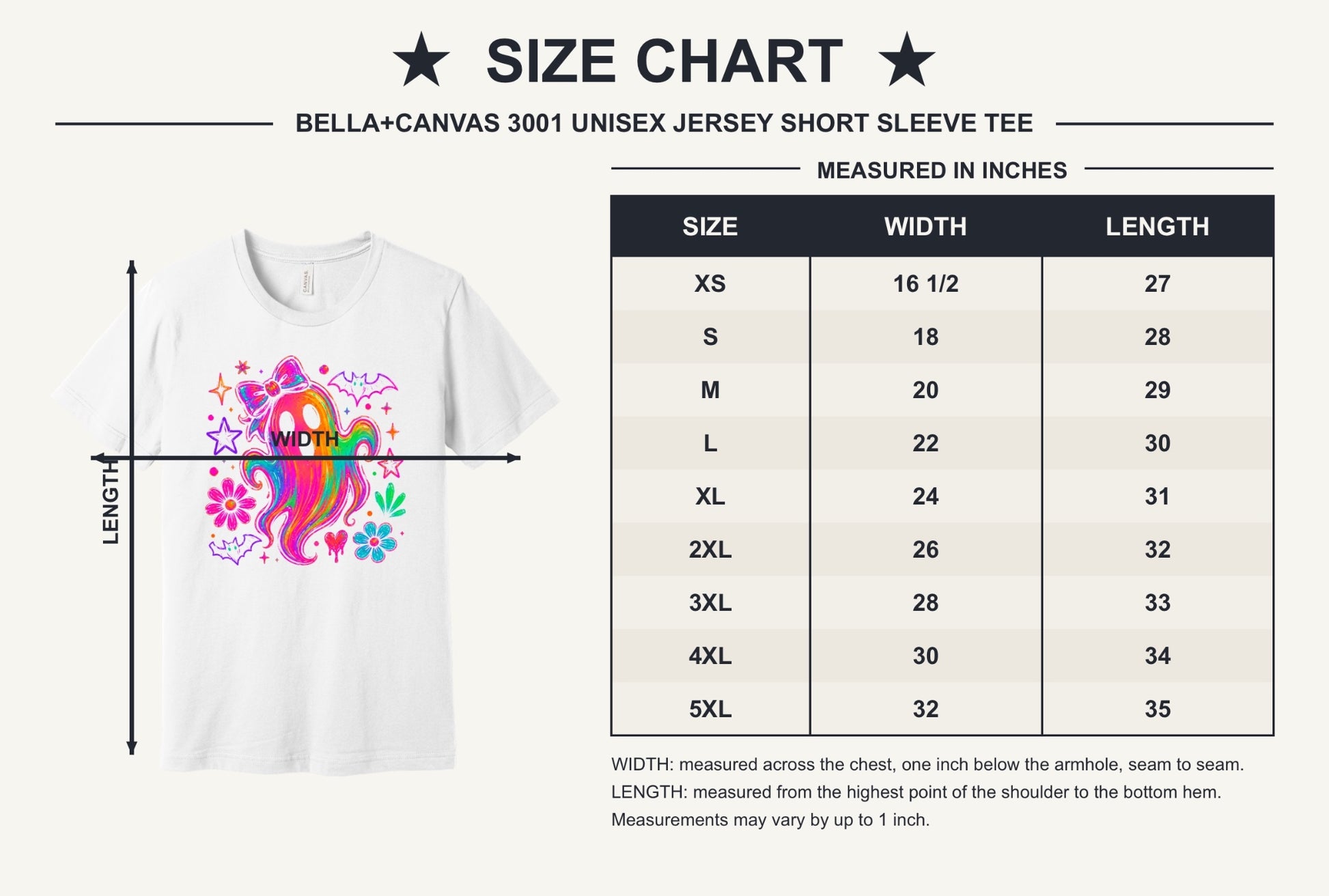 Rainbow neon ghost with bow Halloween graphic tee with bats, daisies, and stars, unisex shirt - size chart