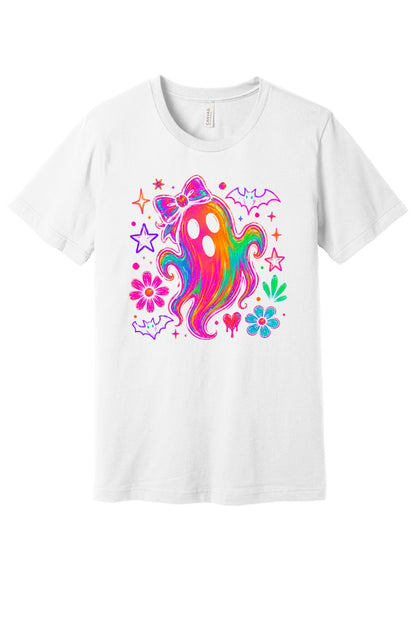 Rainbow neon ghost with bow Halloween graphic tee with bats, daisies, and stars, unisex shirt in White