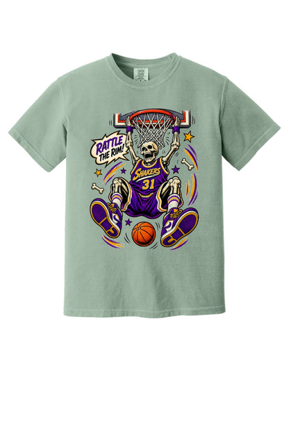 Rattle The Rim skeleton dunking graphic tee, Shakers 31 purple jersey Halloween basketball shirt in Bay