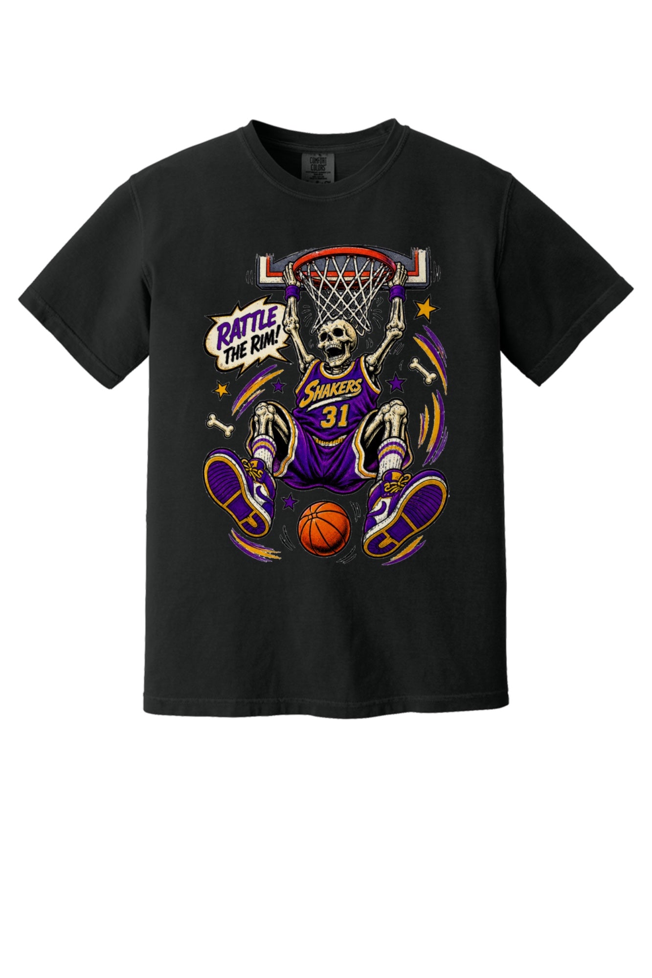 Rattle The Rim skeleton dunking graphic tee, Shakers 31 purple jersey Halloween basketball shirt in Black