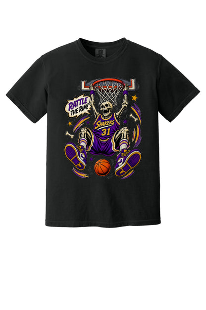 Rattle The Rim skeleton dunking graphic tee, Shakers 31 purple jersey Halloween basketball shirt in Black