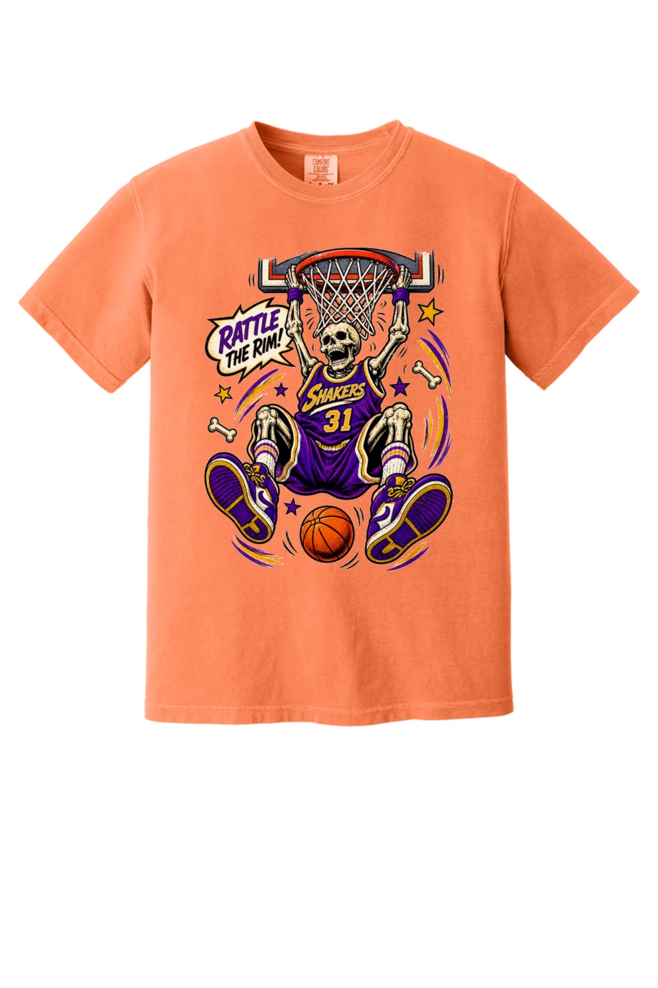 Rattle The Rim skeleton dunking graphic tee, Shakers 31 purple jersey Halloween basketball shirt in Burnt Orange