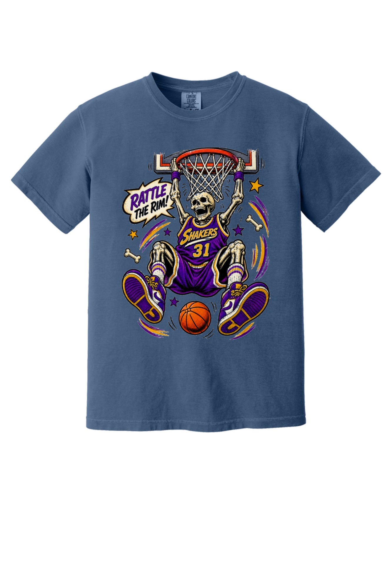 Rattle The Rim skeleton dunking graphic tee, Shakers 31 purple jersey Halloween basketball shirt in China Blue