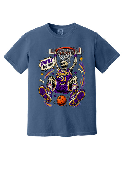 Rattle The Rim skeleton dunking graphic tee, Shakers 31 purple jersey Halloween basketball shirt in China Blue