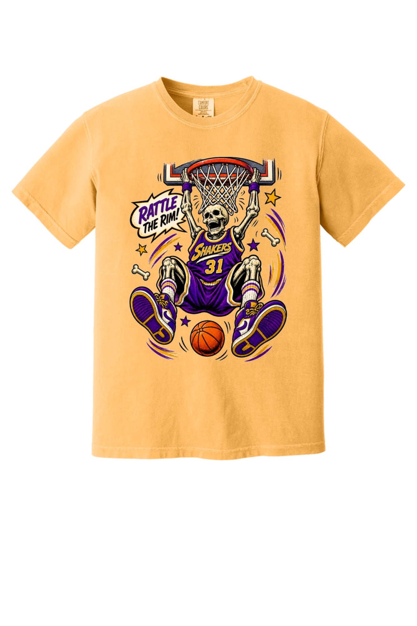 Rattle The Rim skeleton dunking graphic tee, Shakers 31 purple jersey Halloween basketball shirt in Citrus