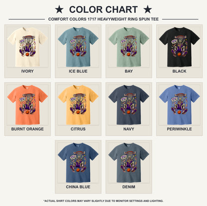 Rattle The Rim skeleton dunking graphic tee, Shakers 31 purple jersey Halloween basketball shirt - available shirt colors chart