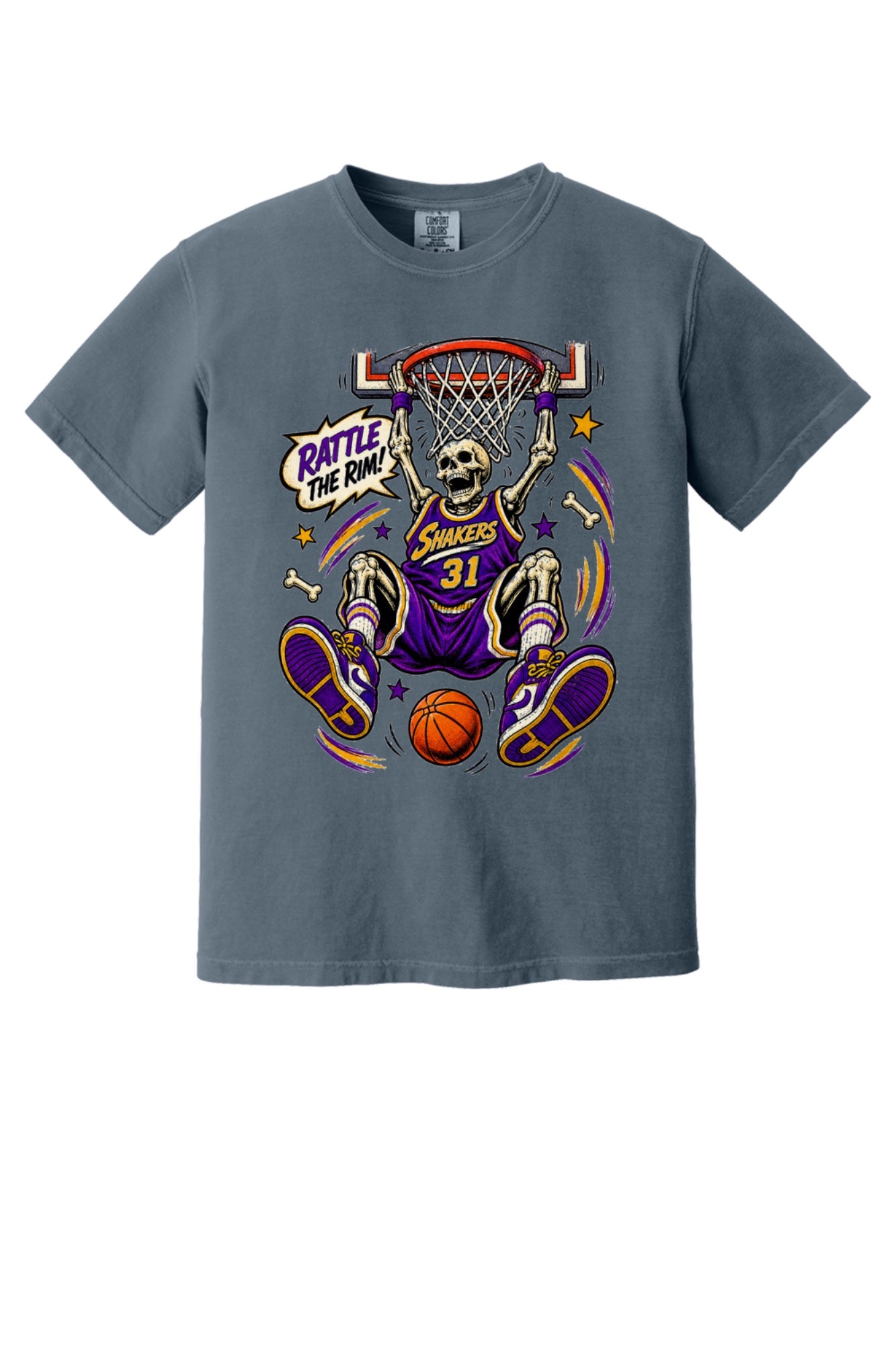 Rattle The Rim skeleton dunking graphic tee, Shakers 31 purple jersey Halloween basketball shirt in Denim