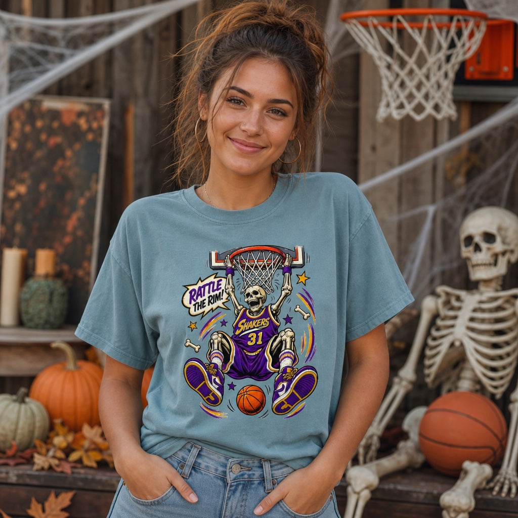 Rattle The Rim skeleton dunking graphic tee, Shakers 31 purple jersey Halloween basketball shirt, worn by a model
