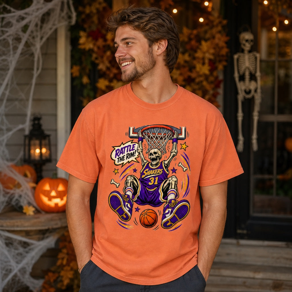 Rattle The Rim skeleton dunking graphic tee, Shakers 31 purple jersey Halloween basketball shirt, worn by a model