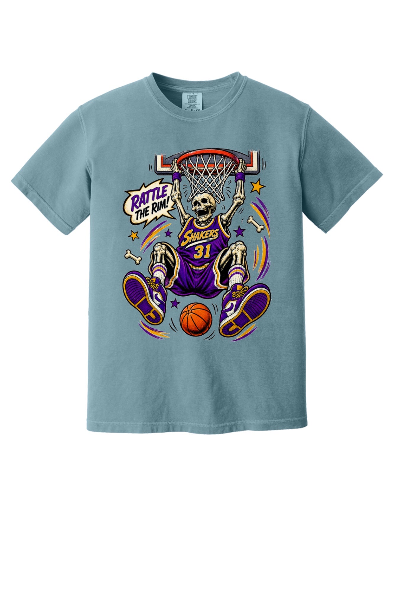 Rattle The Rim skeleton dunking graphic tee, Shakers 31 purple jersey Halloween basketball shirt in Ice Blue
