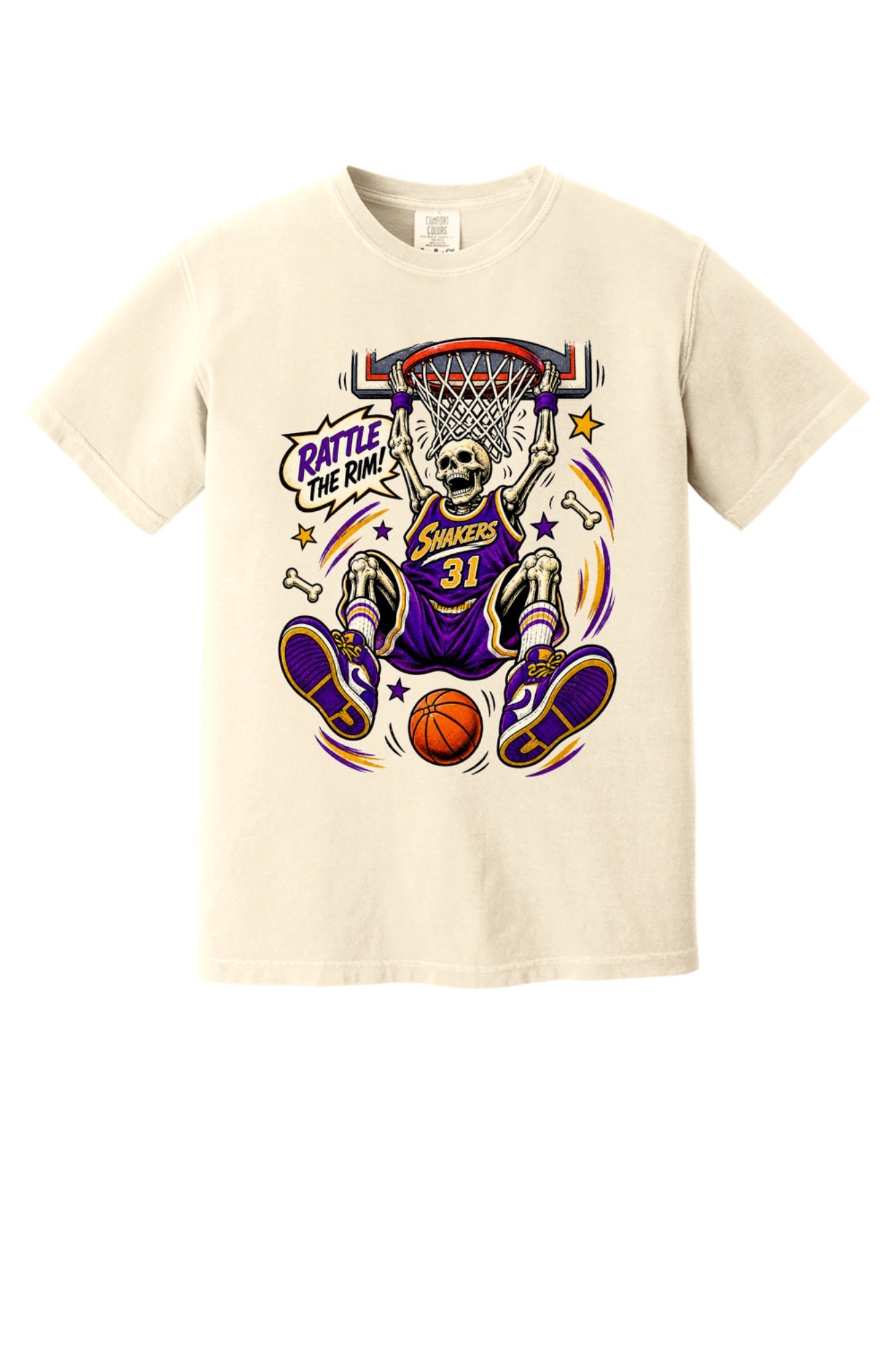 Rattle The Rim skeleton dunking graphic tee, Shakers 31 purple jersey Halloween basketball shirt in Ivory