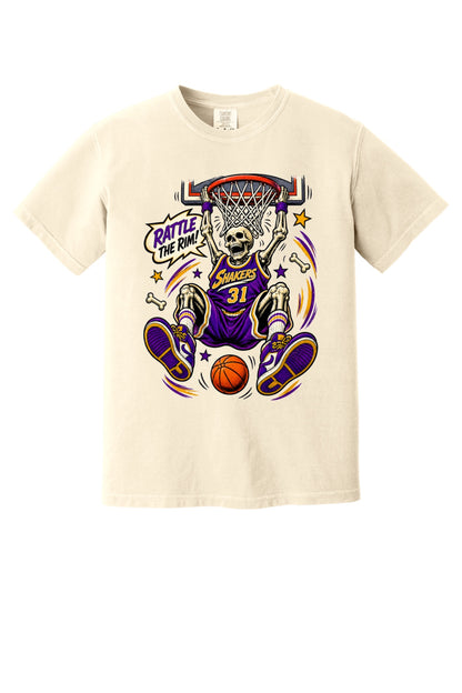 Rattle The Rim skeleton dunking graphic tee, Shakers 31 purple jersey Halloween basketball shirt in Ivory