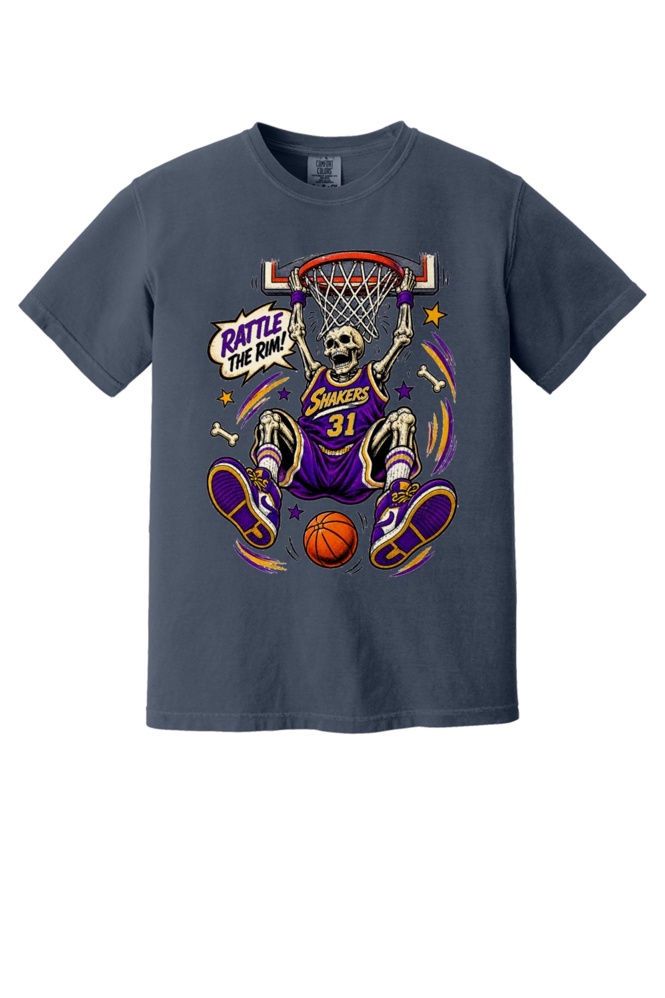 Rattle The Rim skeleton dunking graphic tee, Shakers 31 purple jersey Halloween basketball shirt in Navy