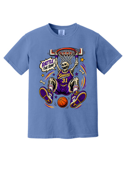 Rattle The Rim skeleton dunking graphic tee, Shakers 31 purple jersey Halloween basketball shirt in Periwinkle