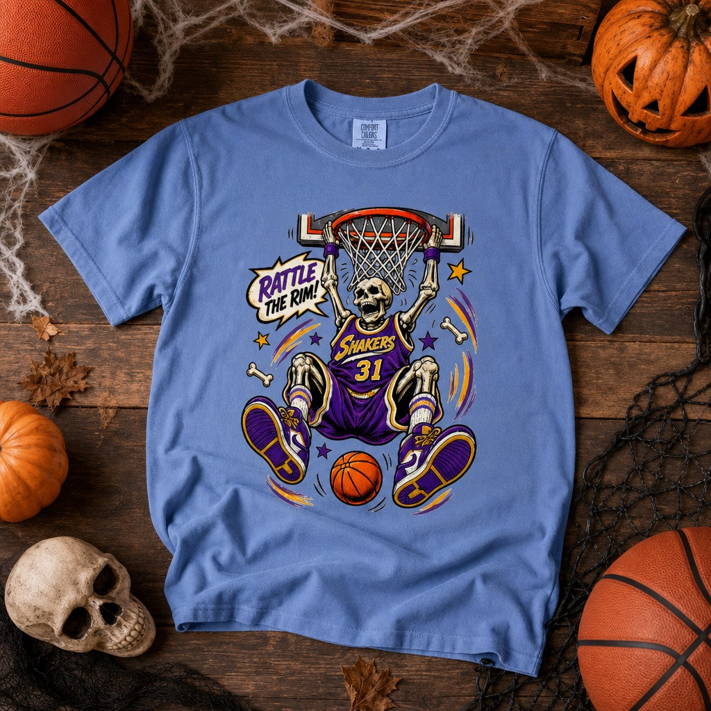 Rattle The Rim skeleton dunking graphic tee, Shakers 31 purple jersey Halloween basketball shirt, styled flat lay, no model