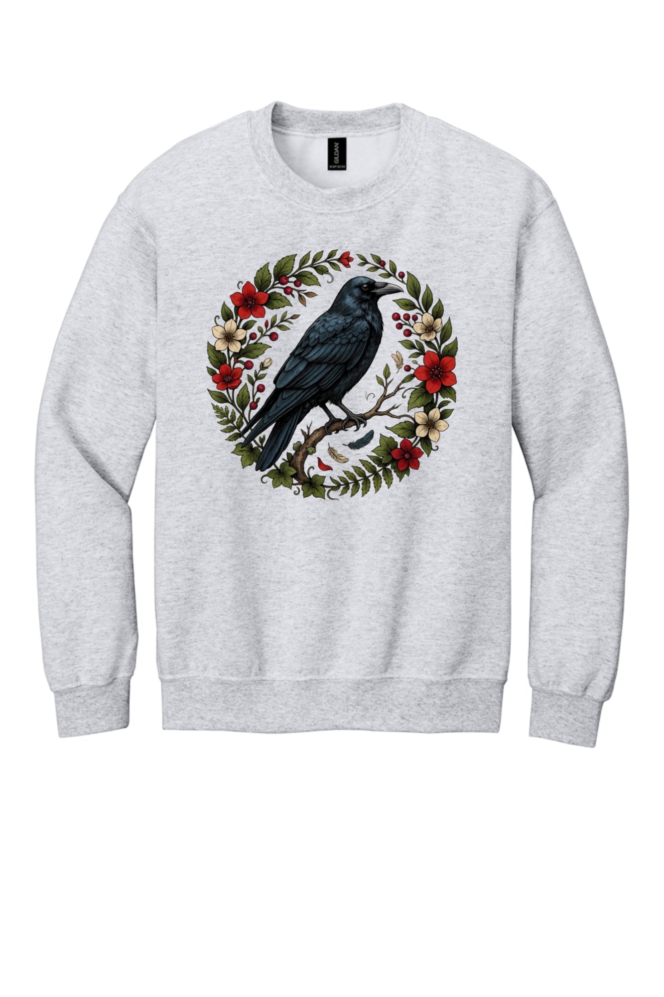 Raven perched on branch inside red floral botanical wreath, printed on a Halloween crewneck sweatshirt in Ash