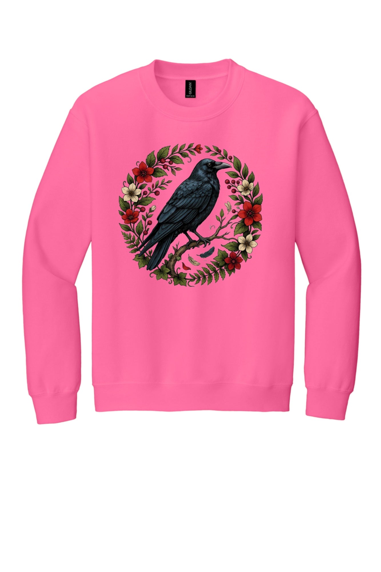 Raven perched on branch inside red floral botanical wreath, printed on a Halloween crewneck sweatshirt in Safety Pink