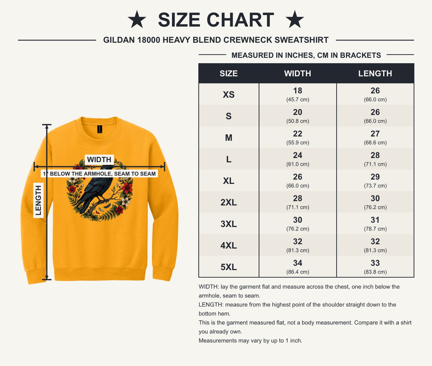 Raven perched on branch inside red floral botanical wreath, printed on a Halloween crewneck sweatshirt - size chart