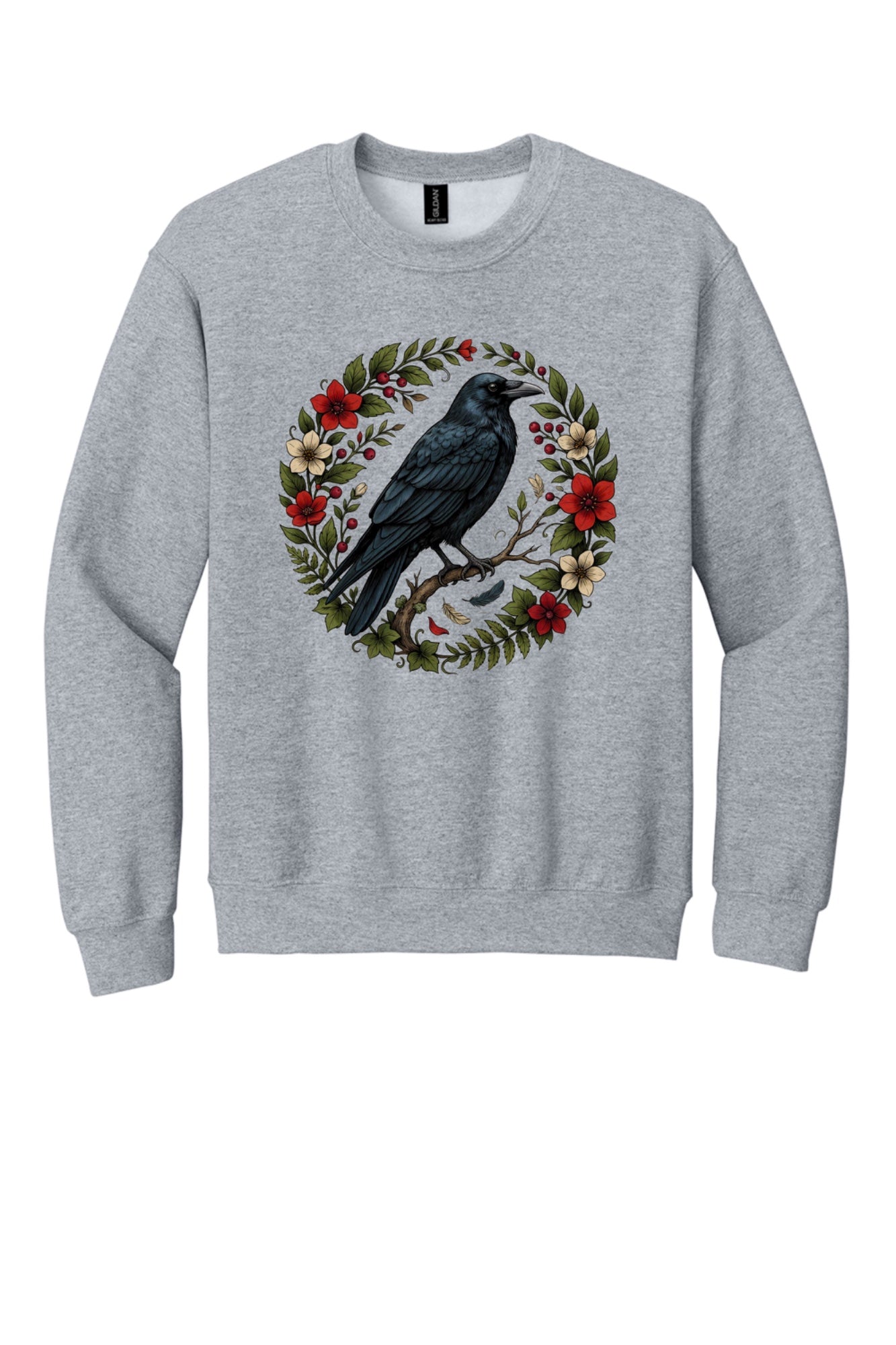 Raven perched on branch inside red floral botanical wreath, printed on a Halloween crewneck sweatshirt in Sport Grey