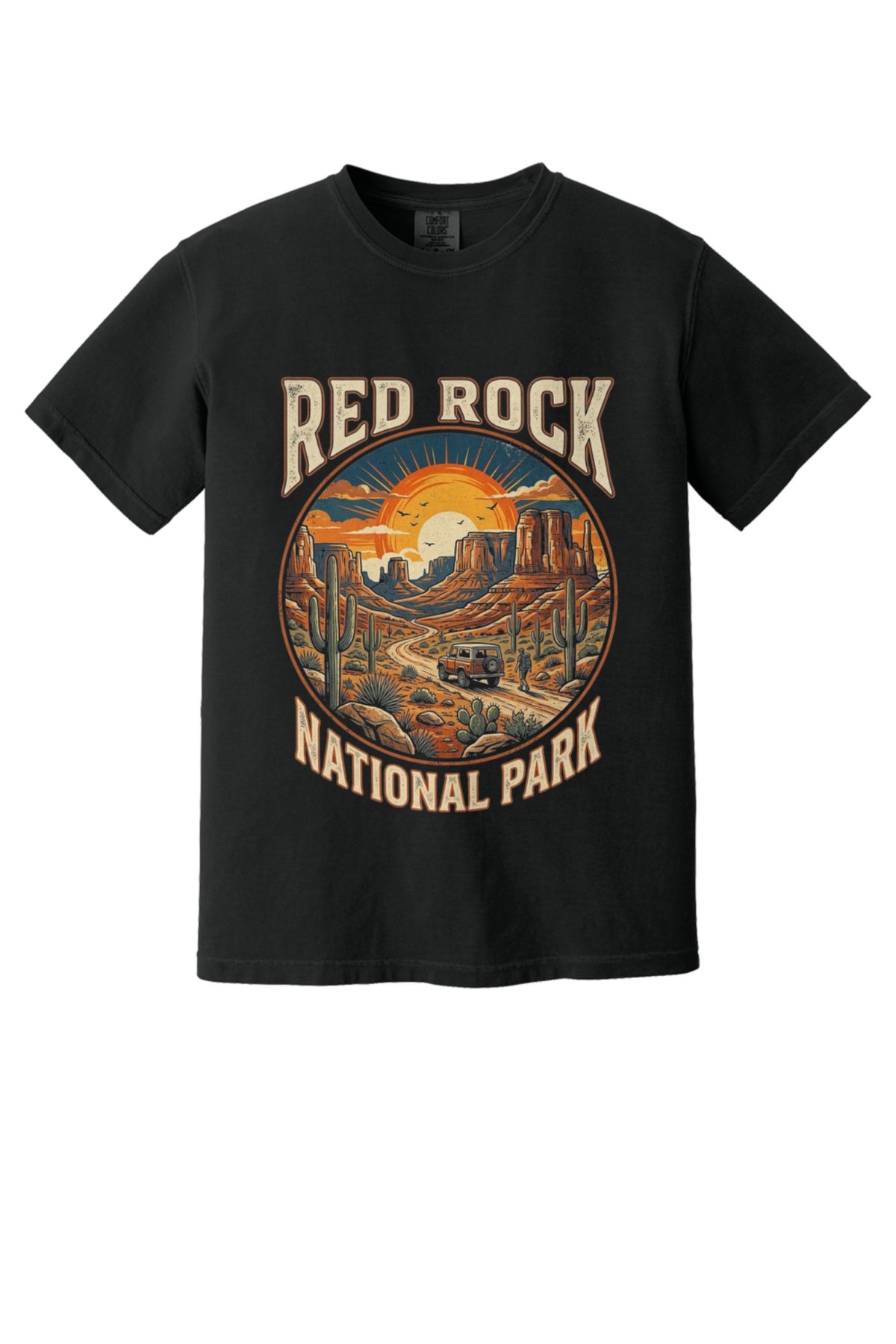 Red Rock National Park sunset design on Comfort Colors tee in Black