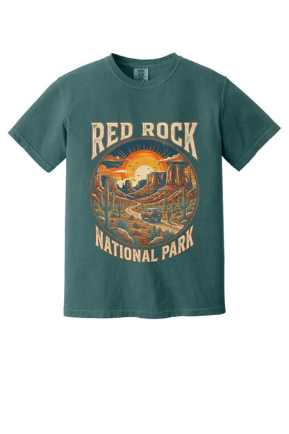 Red Rock National Park sunset design on Comfort Colors tee in Blue Spruce