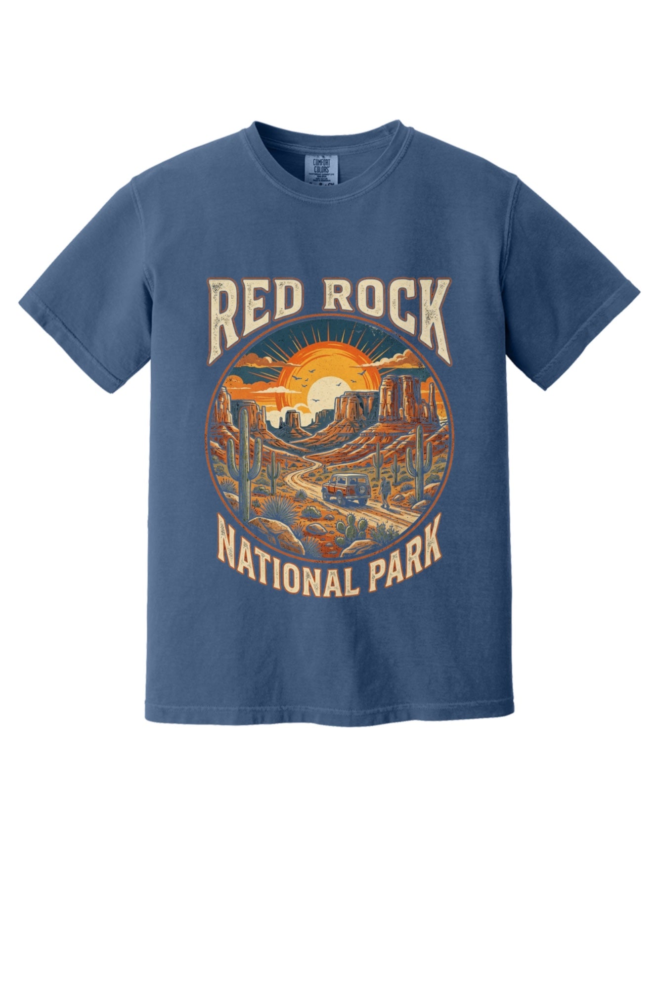 Red Rock National Park sunset design on Comfort Colors tee in China Blue